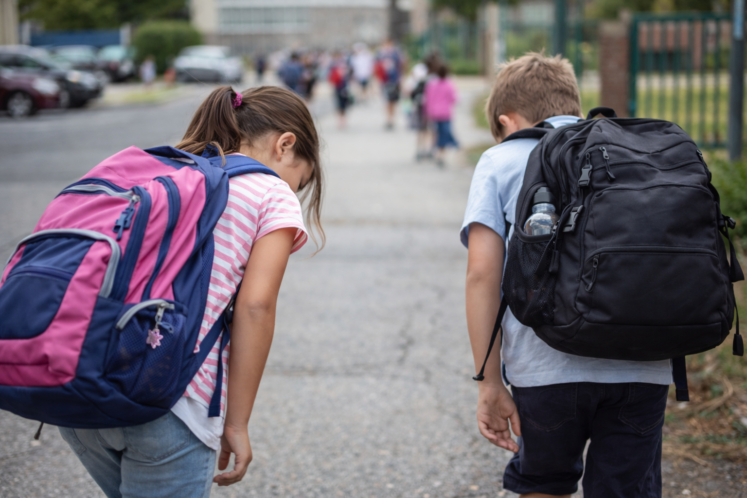 Crianças com mochilas pesadas